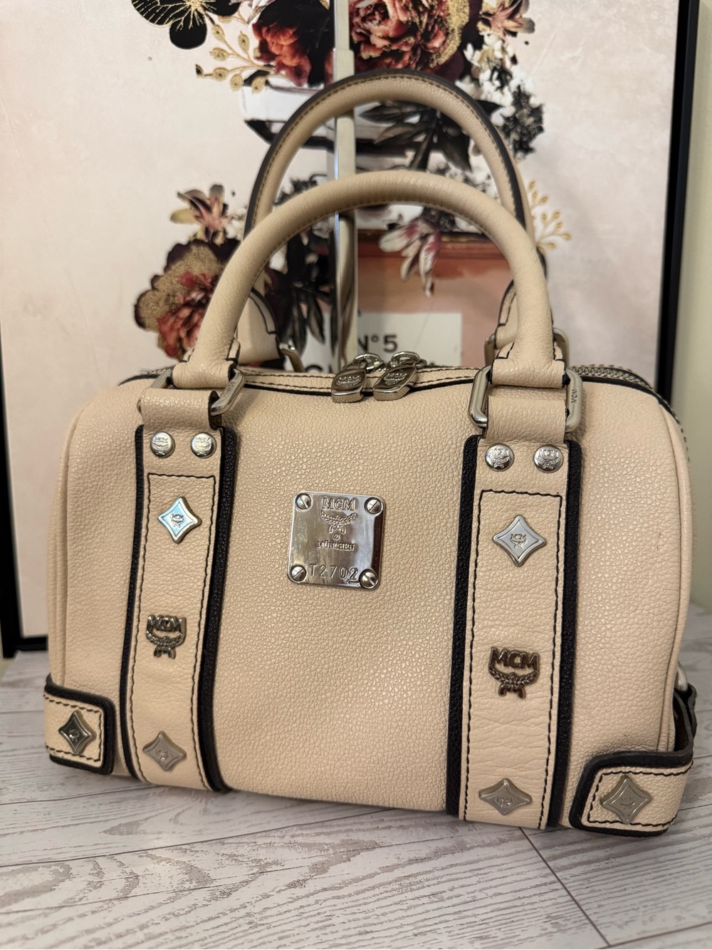 MCM Boston Cream Leather Top-Handle Satchel with silver hardware